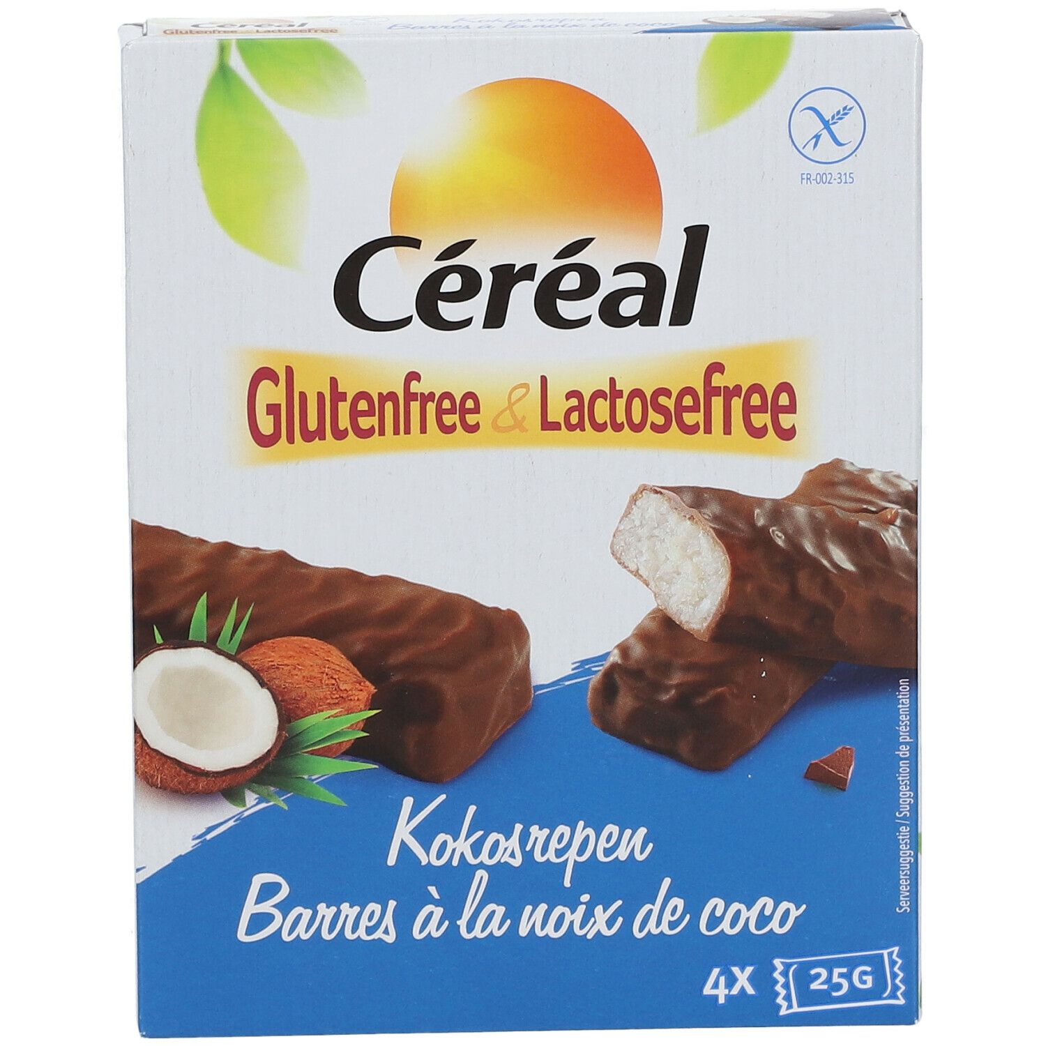 Emballage de barres Céréal à la noix de coco. Sans gluten et sans lactose. 4 barres de 25g. Illustration de noix de coco et barres.