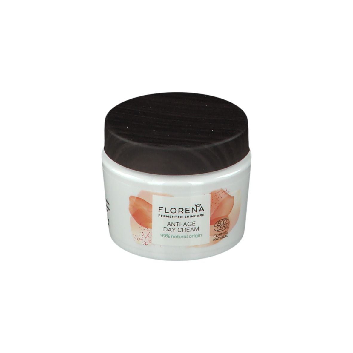 Pot blanc avec couvercle noir. Inscription FLORENA Anti-Age Day Cream. Avec certification COSMOS NATURAL.