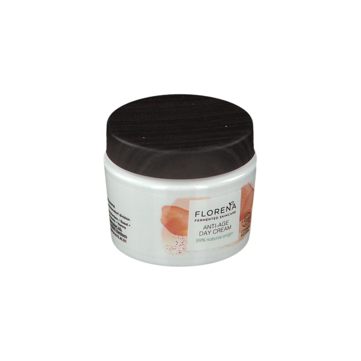Pot blanc avec couvercle noir. Inscription FLORENA Anti-Age Day Cream. Avec certification COSMOS NATURAL.