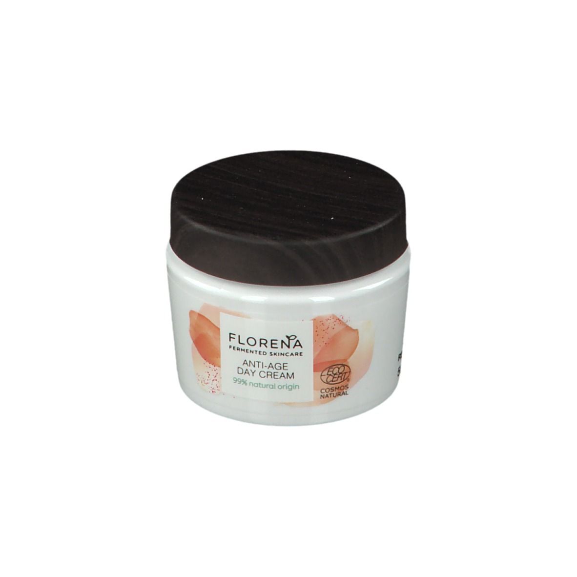 Pot blanc avec couvercle noir. Inscription FLORENA Anti-Age Day Cream. Avec certification COSMOS NATURAL.