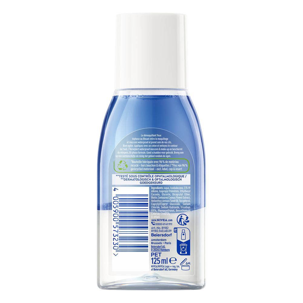 Démaquillant yeux NIVEA, étiquetage français, "Efficacité Waterproof".
