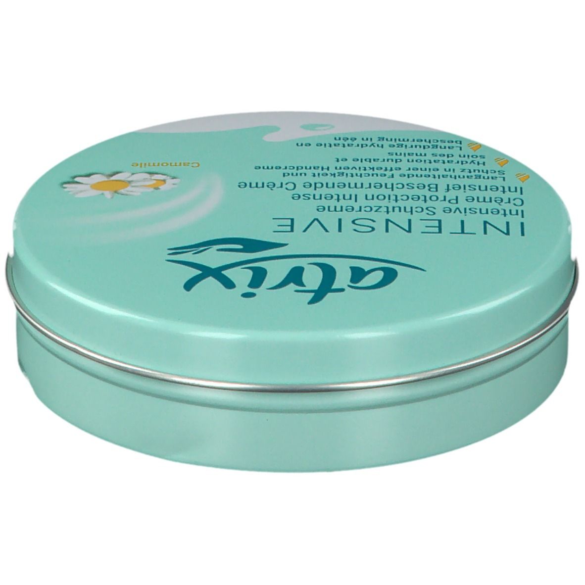 Boîte ronde atrix® INTENSIVE. Turquoise, texte et fleur de camomille. Bord métallique.