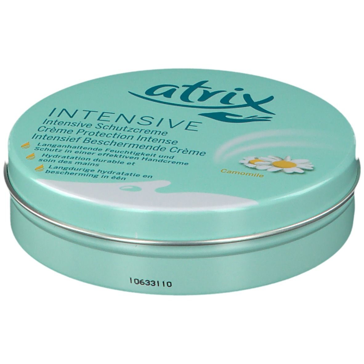 Boîte ronde atrix® INTENSIVE. Turquoise, texte et fleur de camomille. Bord métal, code 10633110.