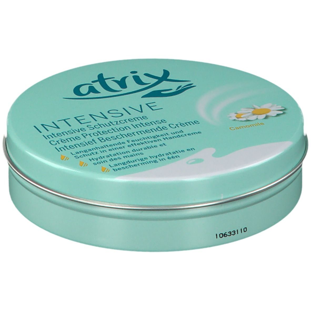 Boîte ronde atrix® INTENSIVE. Turquoise, texte et fleur de camomille. Bord métal, code 10633110.