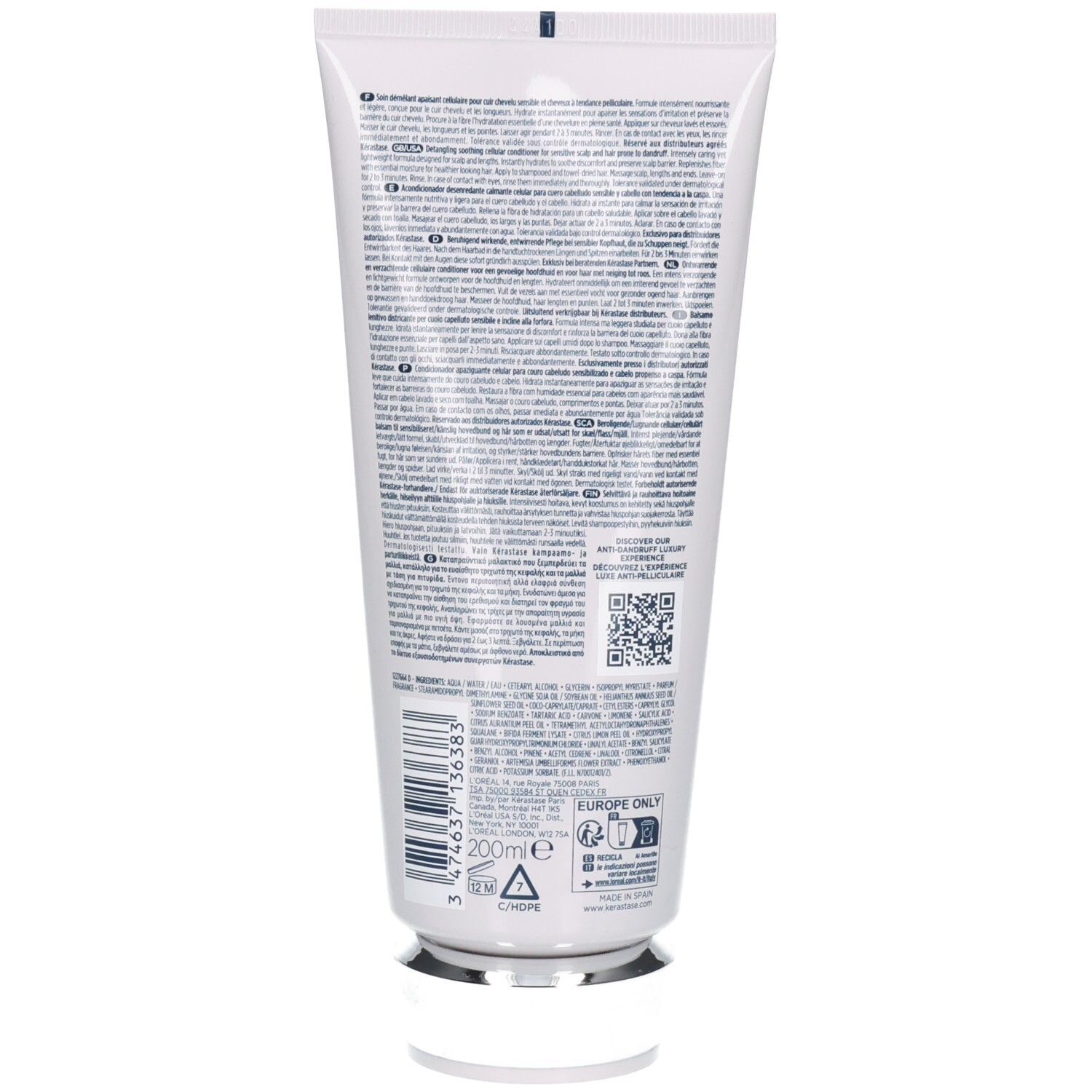 Tube blanc avec bouchon argenté, 200ml. Dos avec texte et code-barres.
