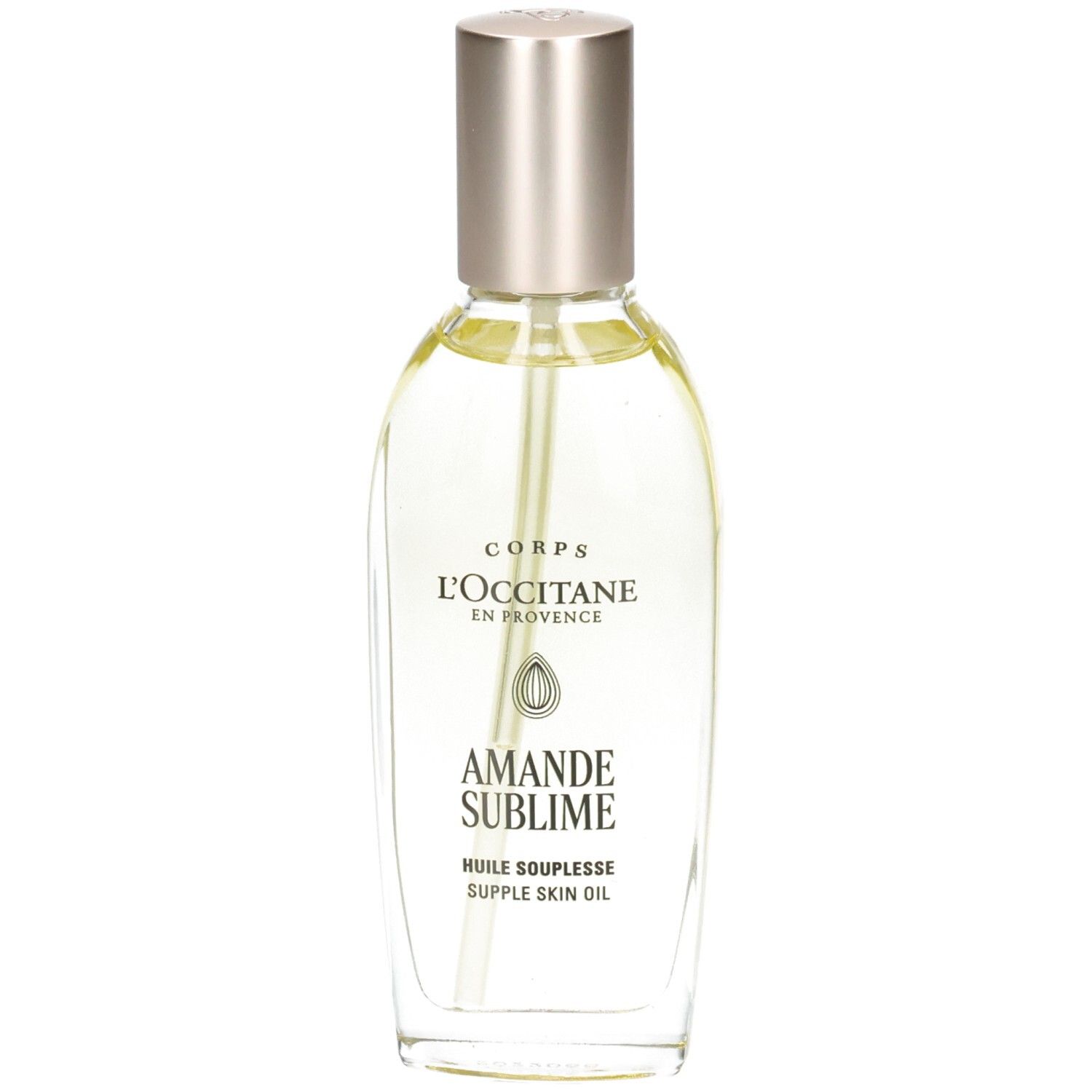 Huile d'amande L'OCCITANE : flacon pompe avec bouchon argenté. Liquide clair.