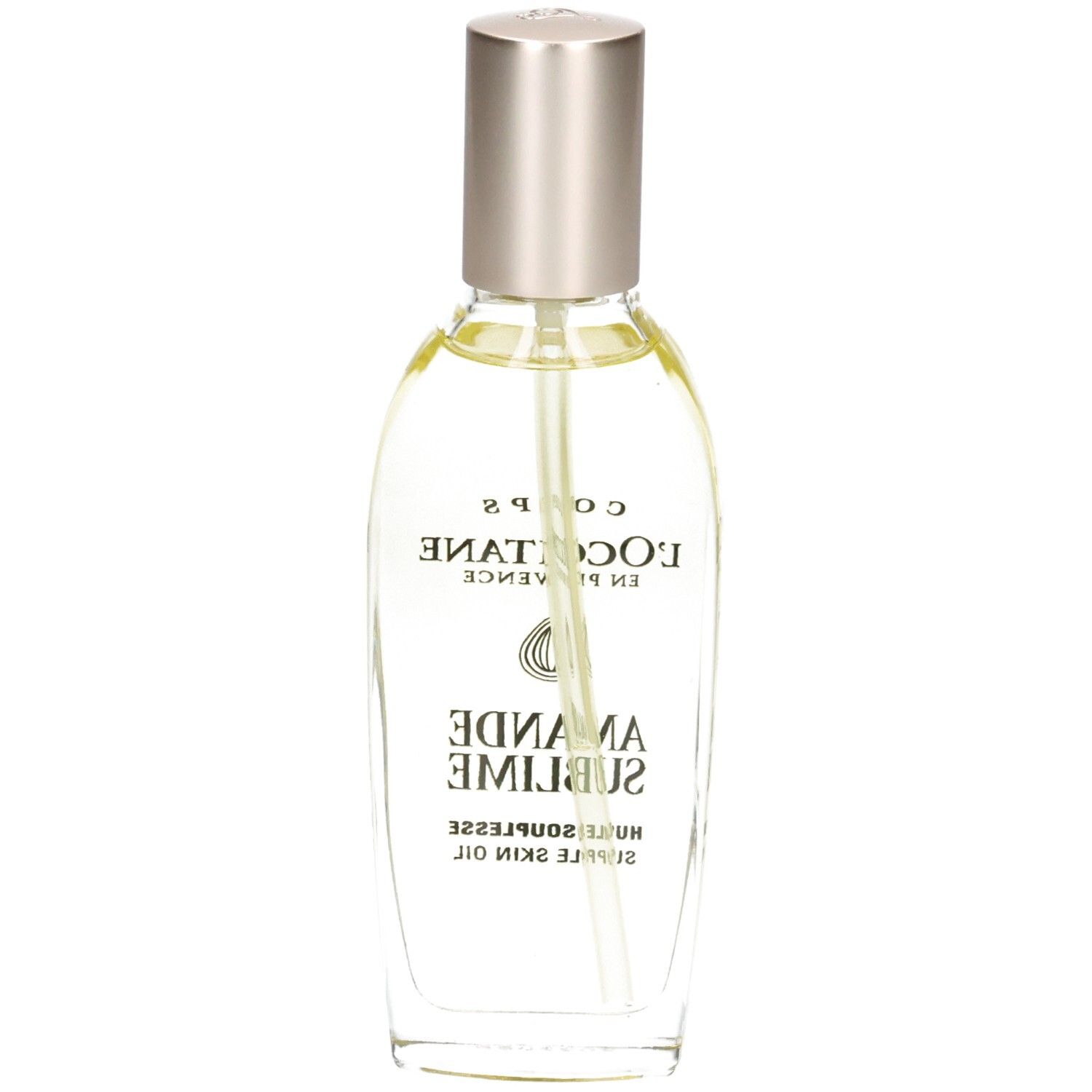 Huile d'amande L'OCCITANE : flacon pompe vu de dos. Liquide clair.