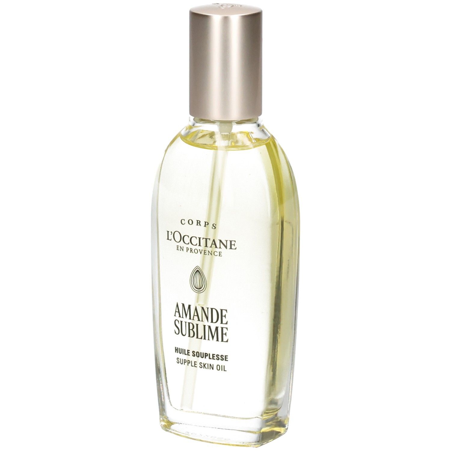Huile d'amande L'OCCITANE : flacon pompe avec bouchon argenté. Liquide clair.