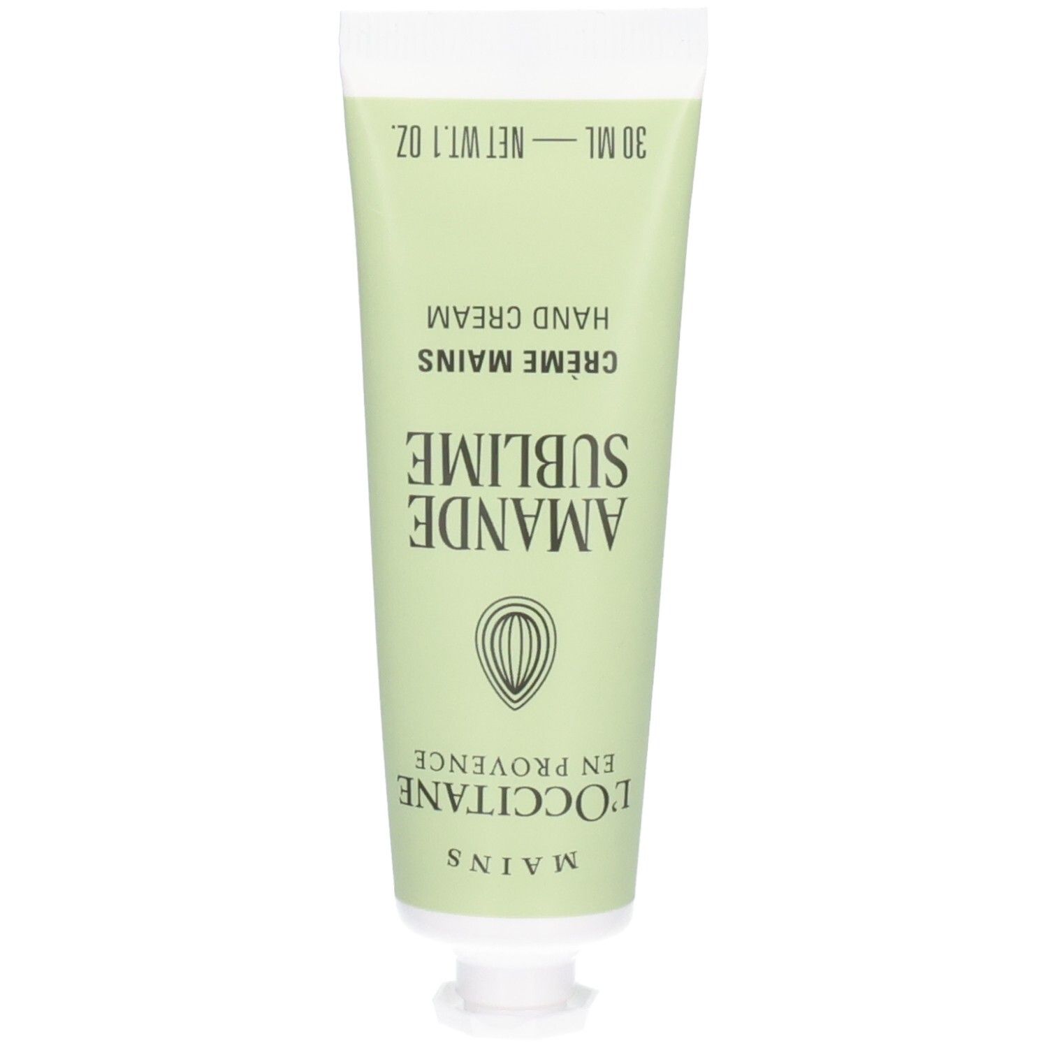 Tube de crème pour les mains L'OCCITANE Amande avec symbole d'amande et texte.
