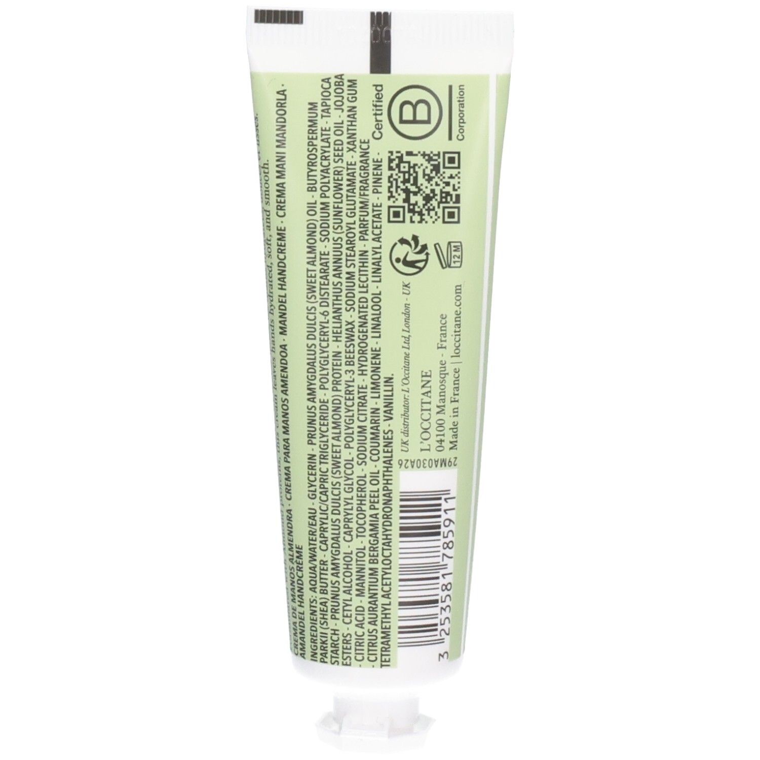 Arrière du tube de crème pour les mains L'OCCITANE Amande avec ingrédients et certifications.
