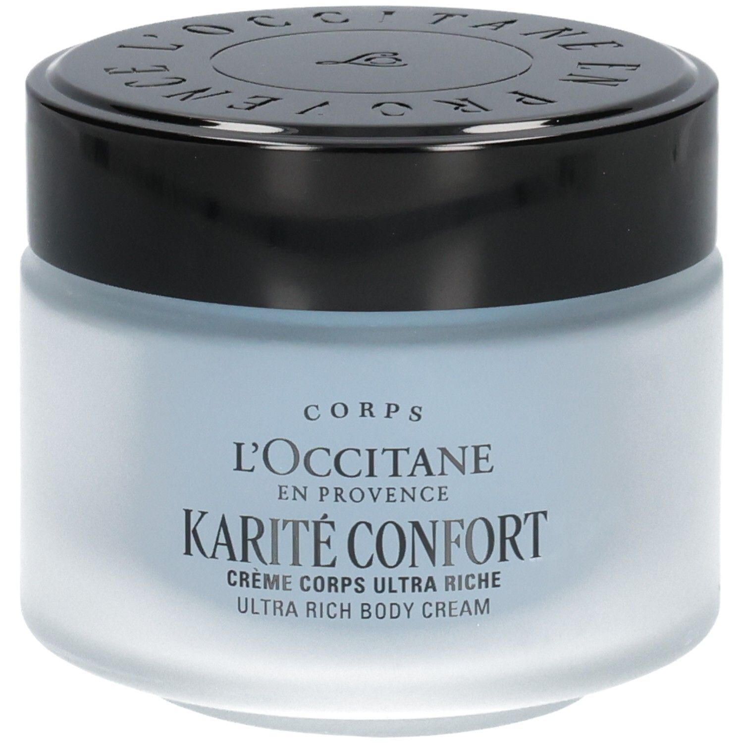 Crème Corps Ultra Riche Karité Confort L'OCCITANE dans un pot en verre dépoli avec un couvercle noir.