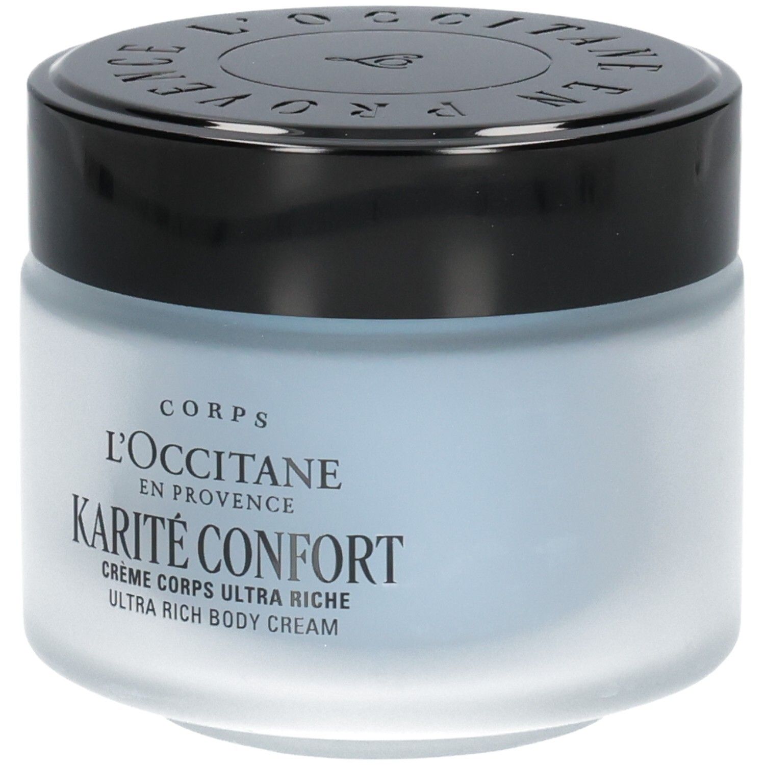 Crème Corps Ultra Riche Karité Confort L'OCCITANE dans un pot en verre dépoli avec un couvercle noir.