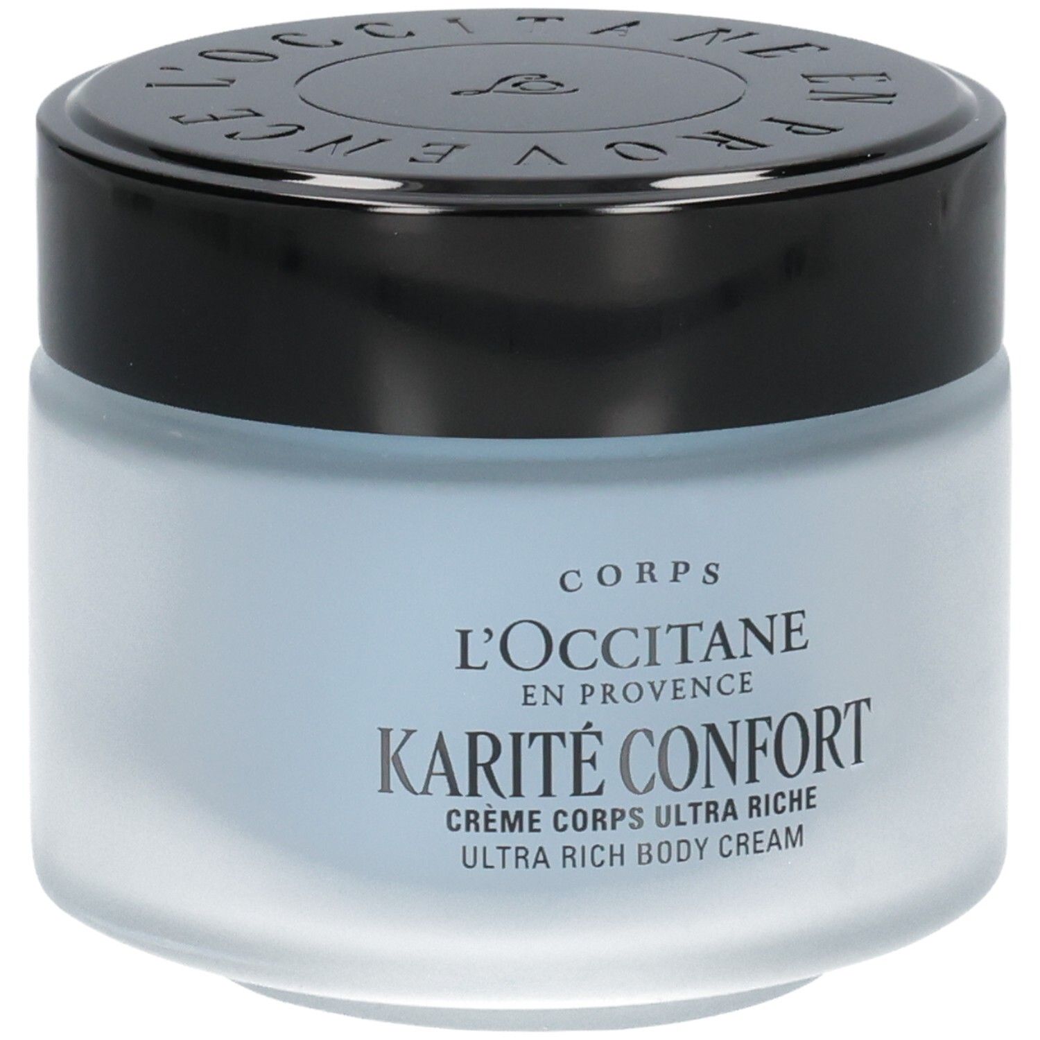 Crème Corps Ultra Riche Karité Confort L'OCCITANE dans un pot en verre dépoli avec un couvercle noir.