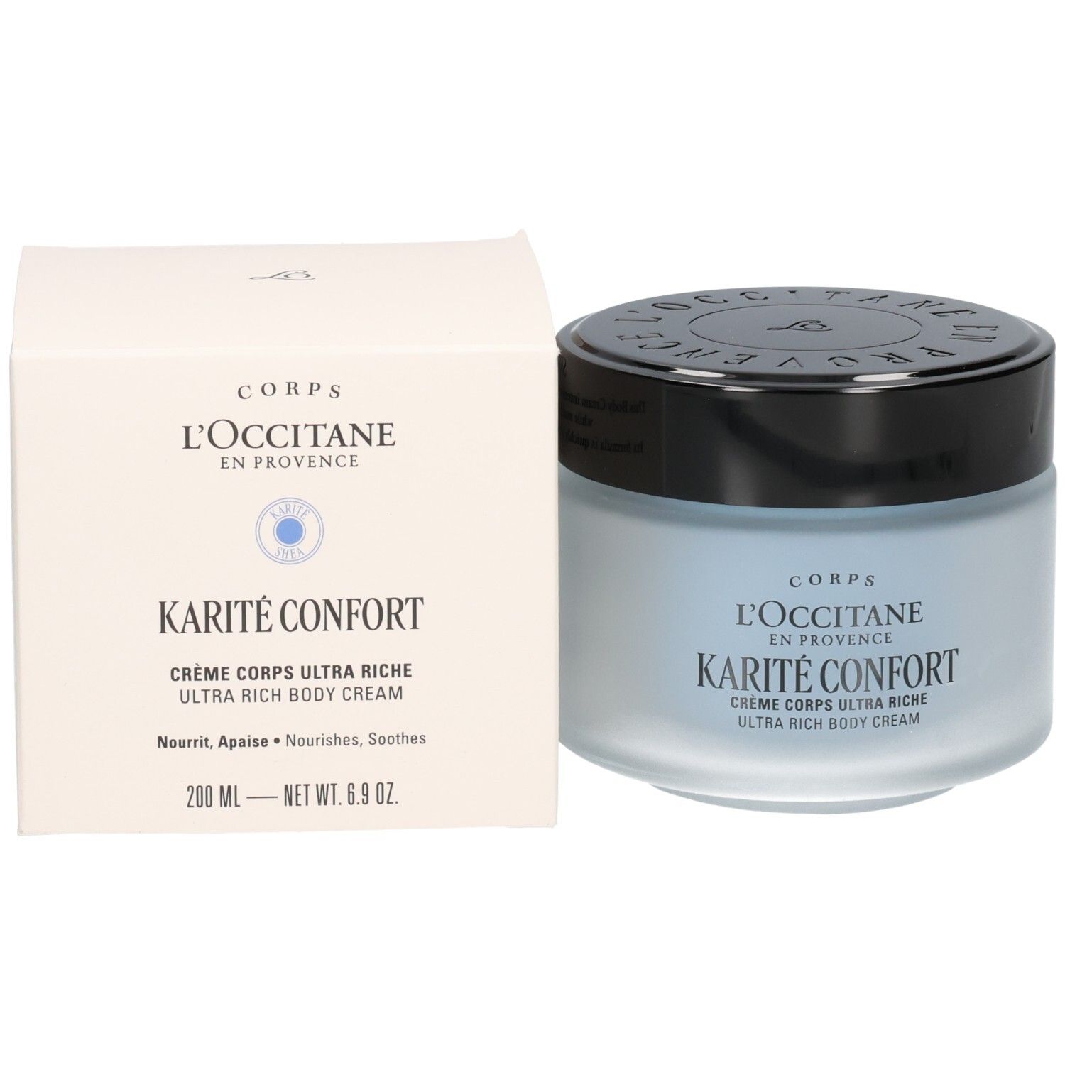 Crème Corps Ultra Riche Karité Confort L'OCCITANE à côté de sa boîte d'emballage.