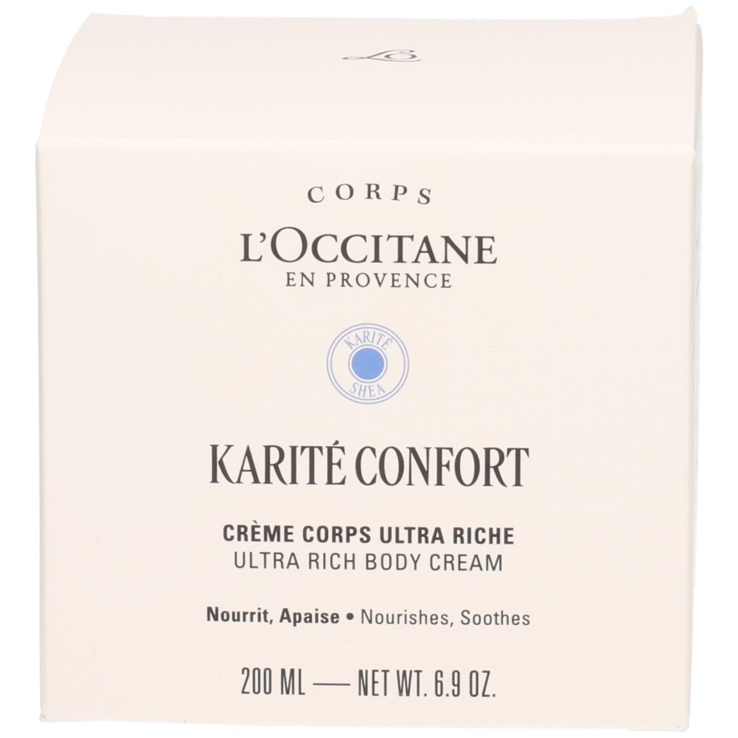 Boîte d'emballage pour Crème Corps Ultra Riche Karité Confort L'OCCITANE, indiquant la taille.