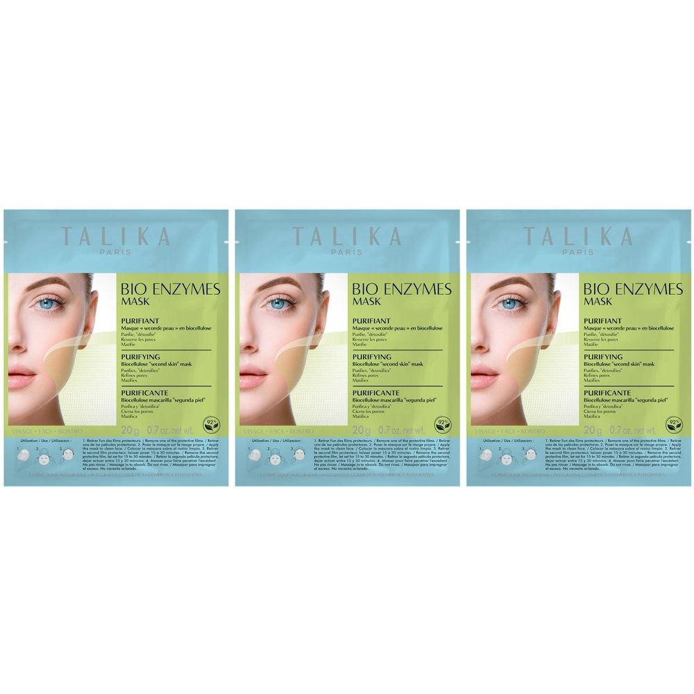 Trois sachets TALIKA Bio Enzymes Mask Purifying. Emballage vert clair avec image et texte du produit. Visage de femme.