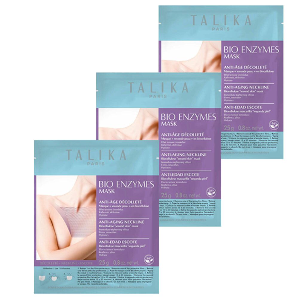 Trois sachets de masque TALIKA Bio Enzymes. Emballage violet et bleu clair avec informations produit et illustration du décolleté.