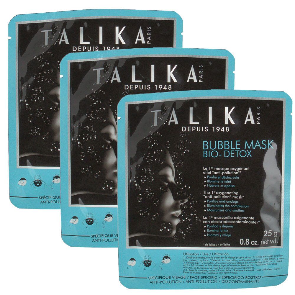 Trois sachets TALIKA Bubble Mask Bio-Detox. Emballage bleu clair avec nom du produit et profil de visage.