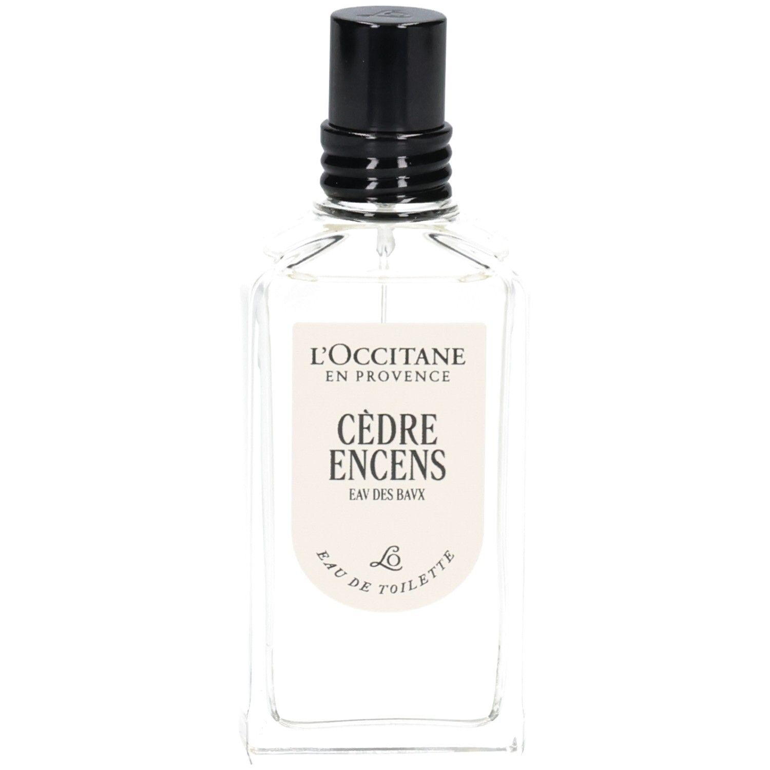 L'OCCITANE Eau de Toilette Cèdre Encens (Eau des Baux) dans un flacon en verre transparent avec vaporisateur noir.