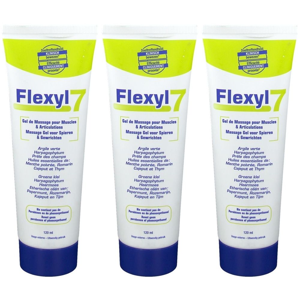 Trois tubes de Flexyl 7 Gel. Blanc, bleu et jaune. Texte: Flexyl 7, Gel de Massage pour Muscles & Articulations.