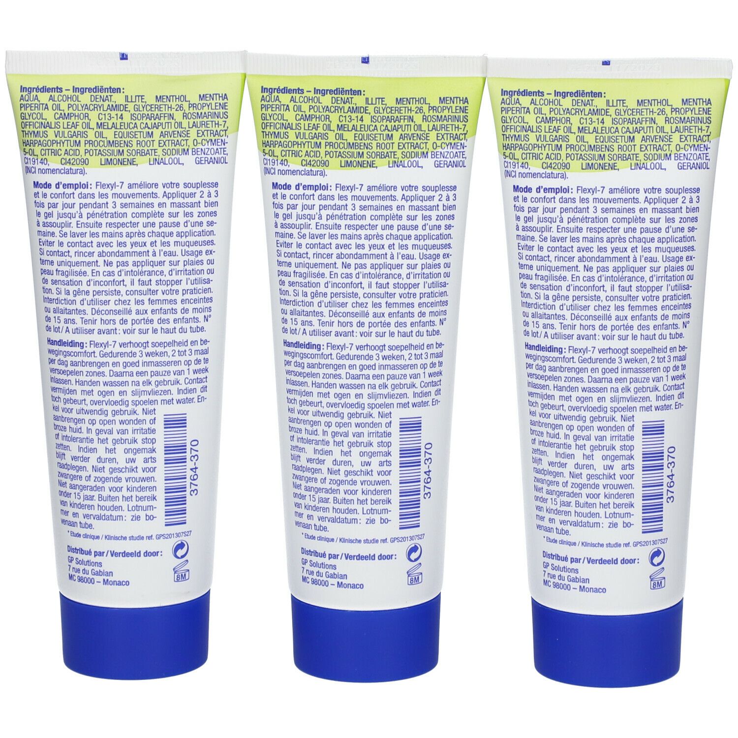 Dos de trois tubes de gel Flexyl7. Texte et ingrédients imprimés. Bouchons bleus.