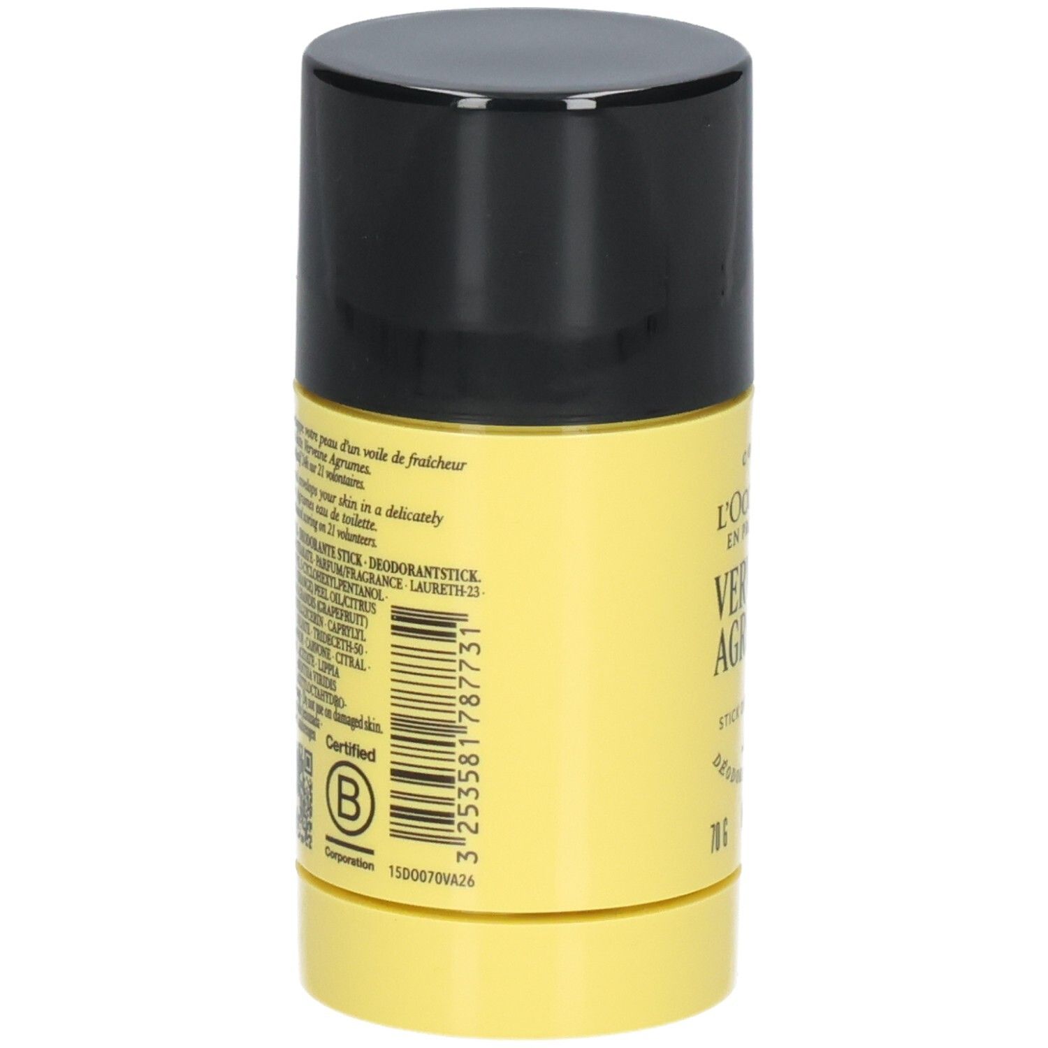 L'OCCITANE Verveine Agrumes Déodorant Stick, dos avec code-barres et certification.
