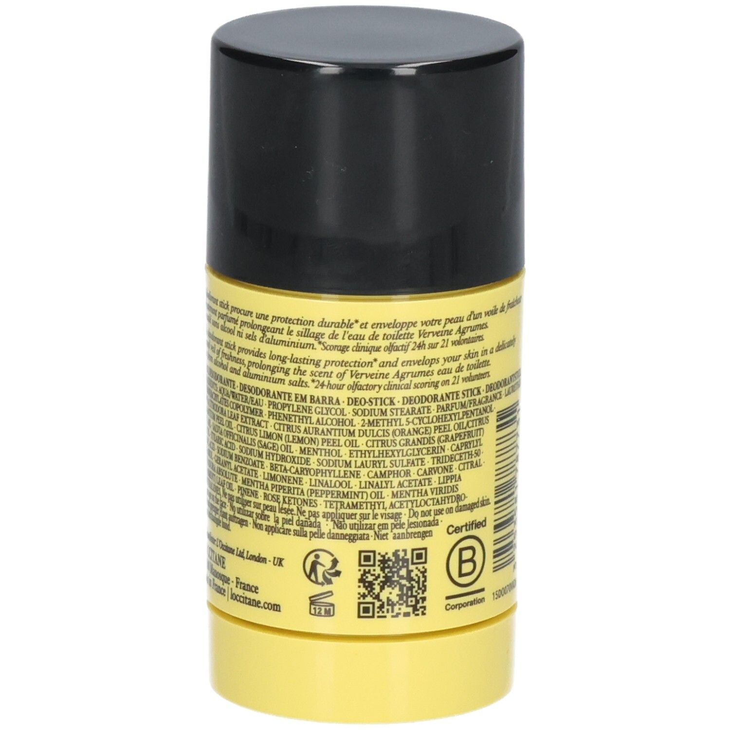 L'OCCITANE Verveine Agrumes Déodorant Stick, dos avec ingrédients et certification.