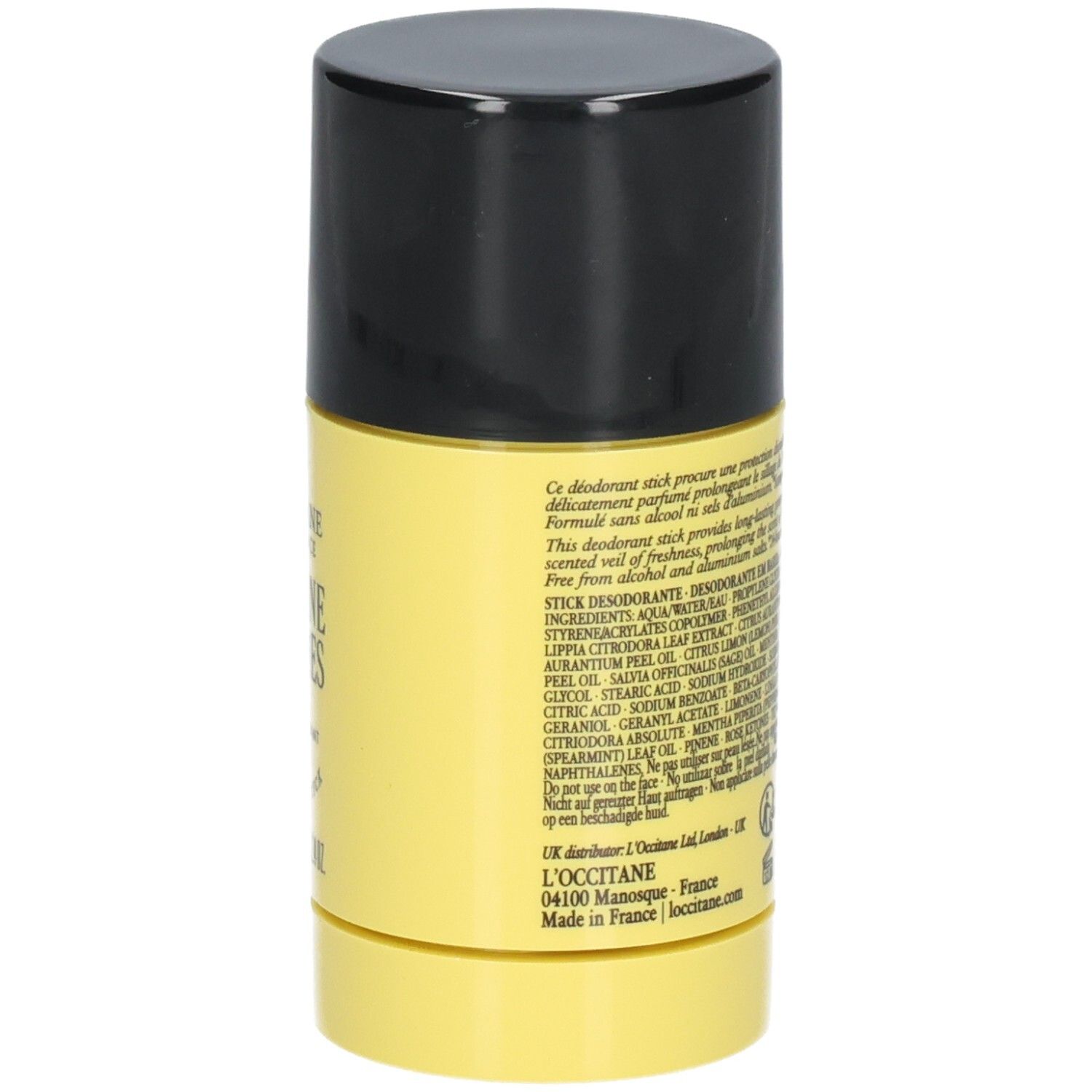 L'OCCITANE Verveine Agrumes Déodorant Stick, côté avec ingrédients et instructions.
