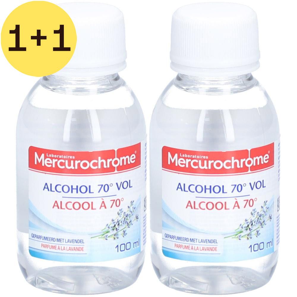 Deux flacons d'alcool Mercurochrome 70% vol. Étiquette avec informations produit et illustration de lavande.