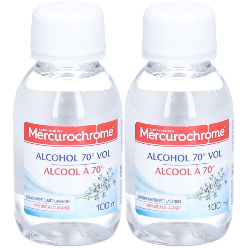Deux flacons d'alcool Mercurochrome 70% vol. Étiquette avec informations produit et illustration de lavande.