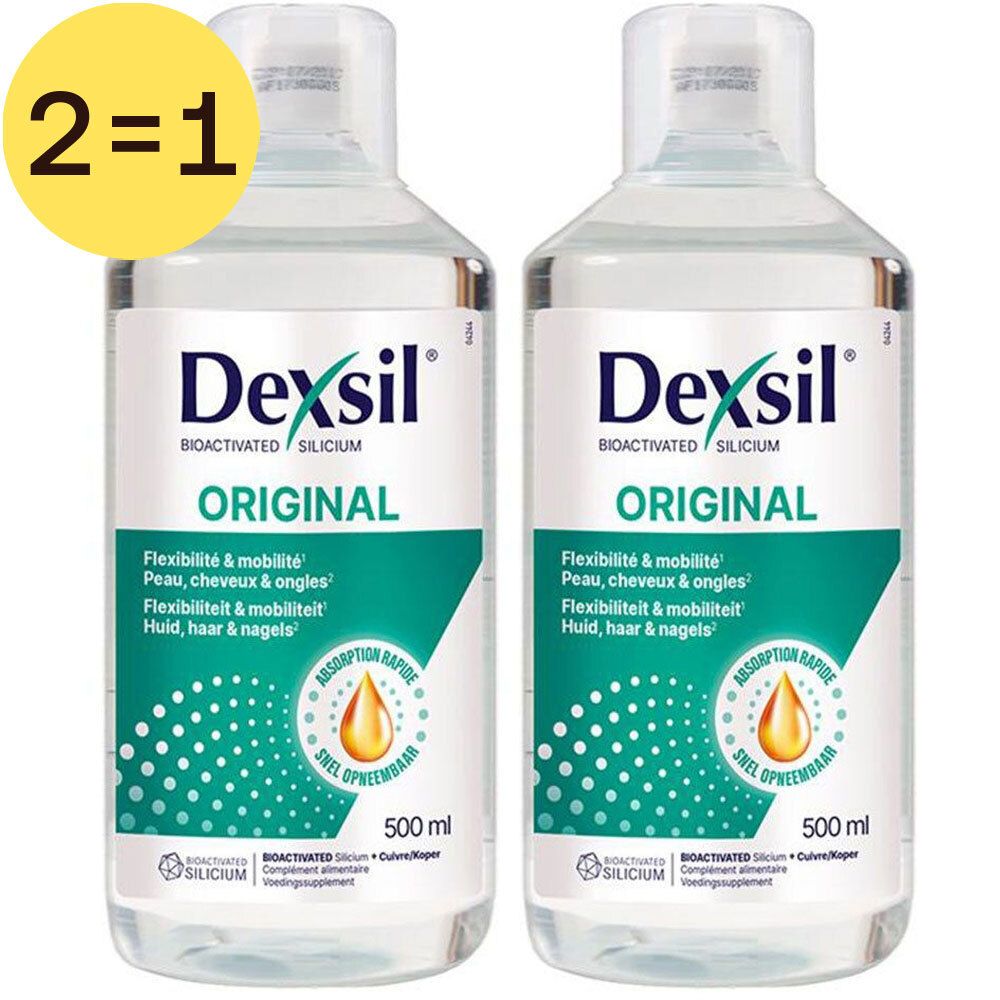 Deux flacons Dexsil Original. Inscription: Flexibilité & mobilité, peau, cheveux & ongles. Offre 2=1. 500 ml.