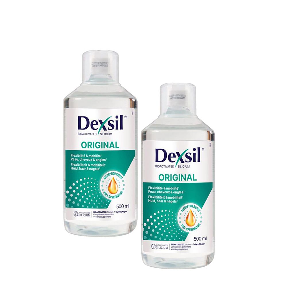 Deux flacons Dexsil Original. Inscription: Flexibilité & mobilité, peau, cheveux & ongles. 500 ml.