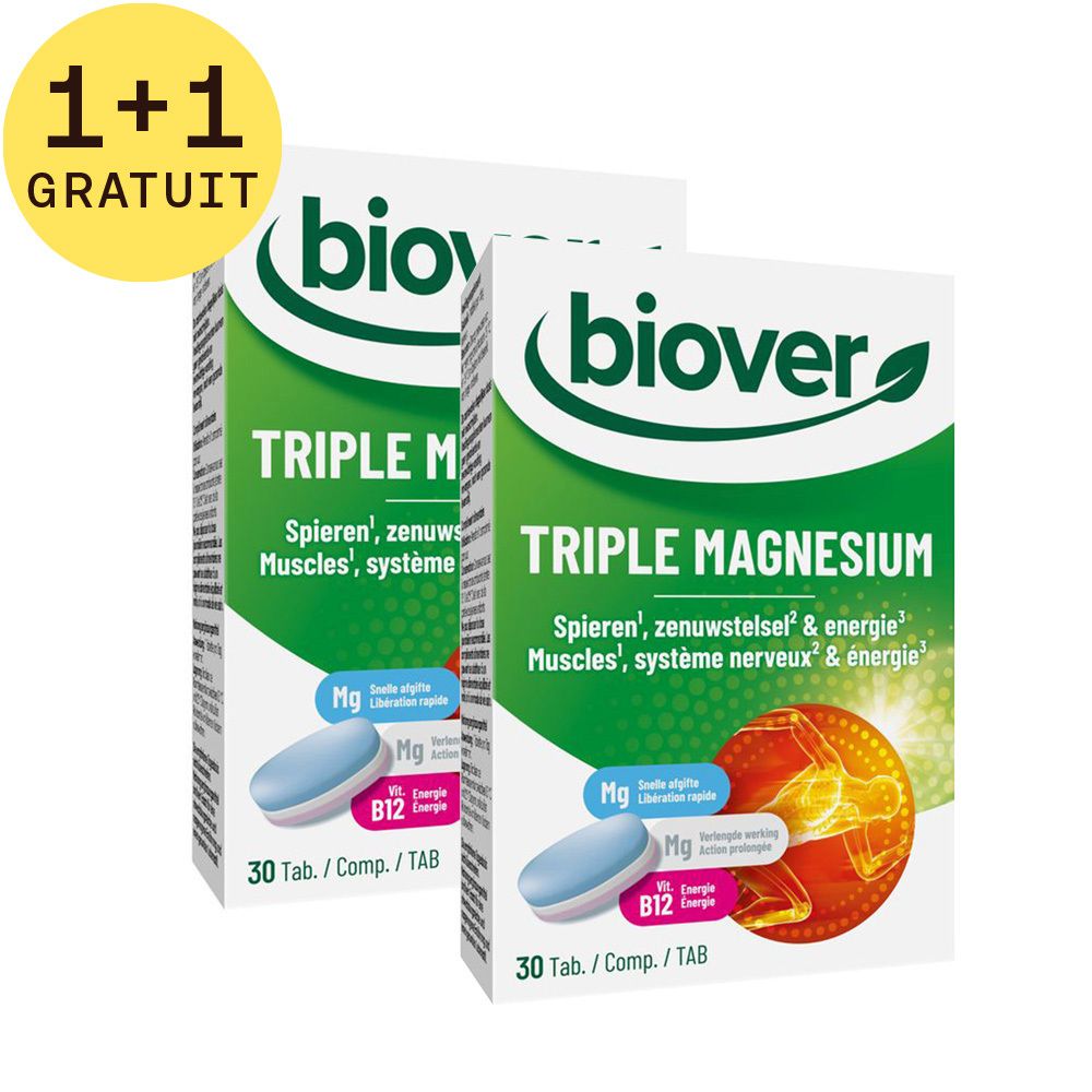 Deux boîtes de Biover Triple Magnésium. Inscription: Triple Magnésium, 30 comprimés. Avec autocollant: 1+1 gratuit. Design vert et blanc.