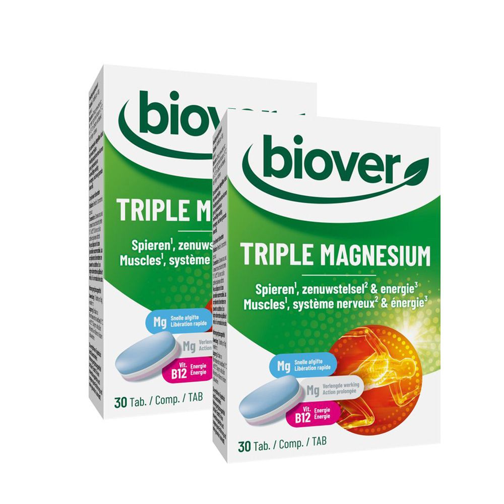 Deux boîtes de Biover Triple Magnésium. Inscription: Triple Magnésium, 30 comprimés. Design vert et blanc. Sans autocollant 1+1 gratuit.