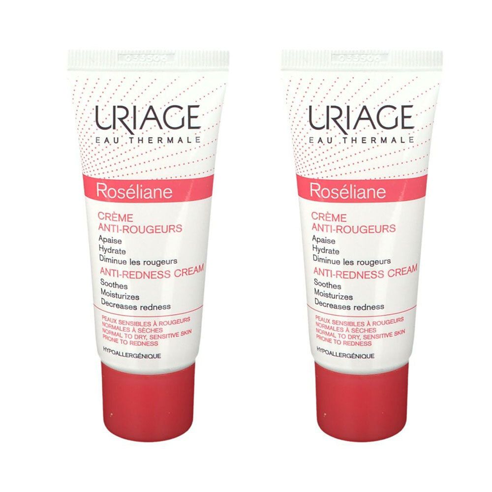 Deux tubes de crème Uriage Roséliane Anti-Rougeurs. Tubes blancs avec texte rouge et bouchon rouge.