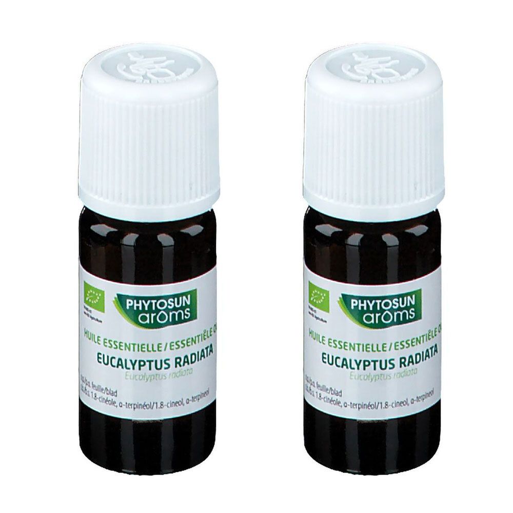 Deux flacons bruns avec bouchons blancs. Étiquettes : "PHYTOSUN arôms" et "EUCALYPTUS RADIATA". Label bio.
