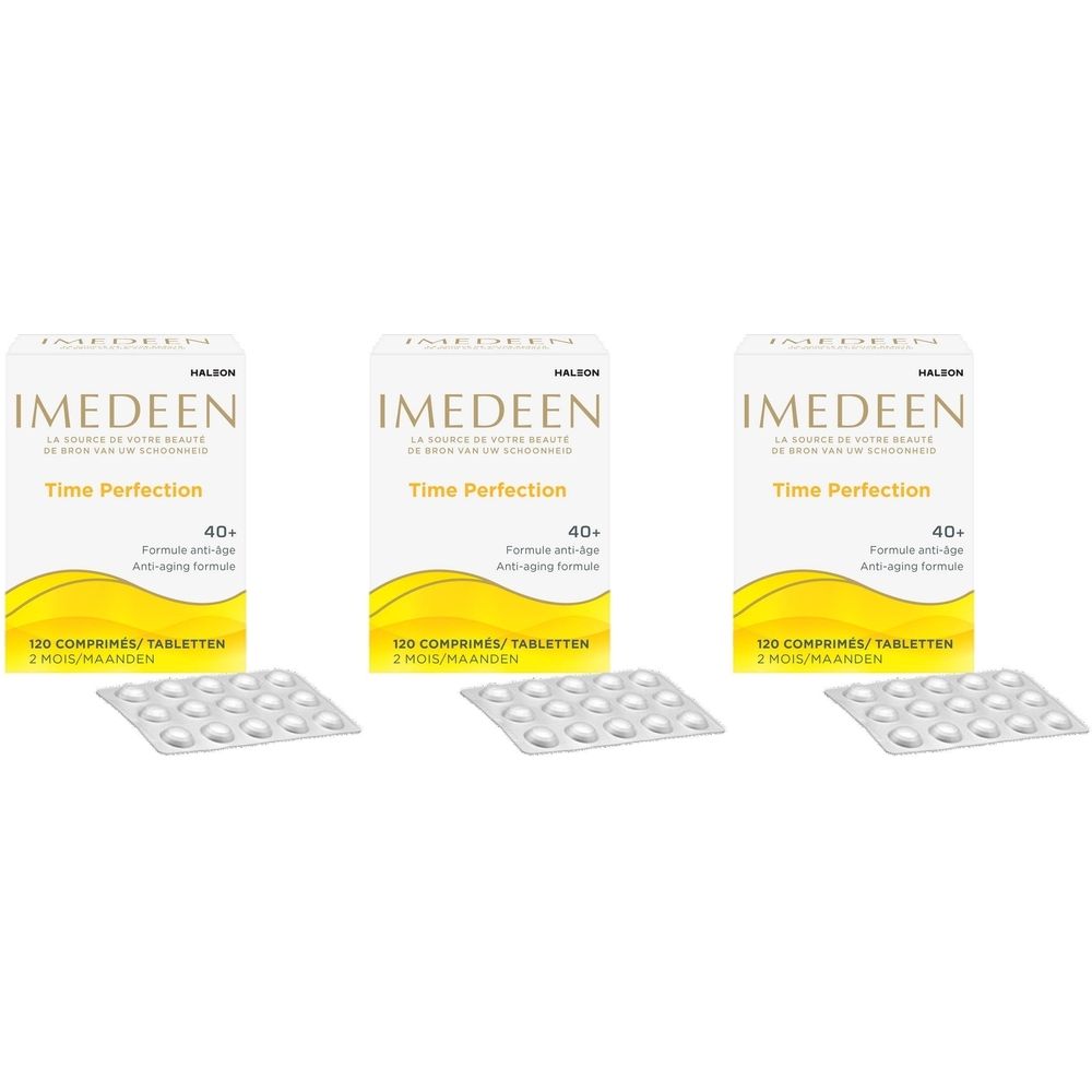 Trois boîtes IMEDEEN Time Perfection avec comprimés. Emballage blanc, vagues jaunes, texte doré. 40+.