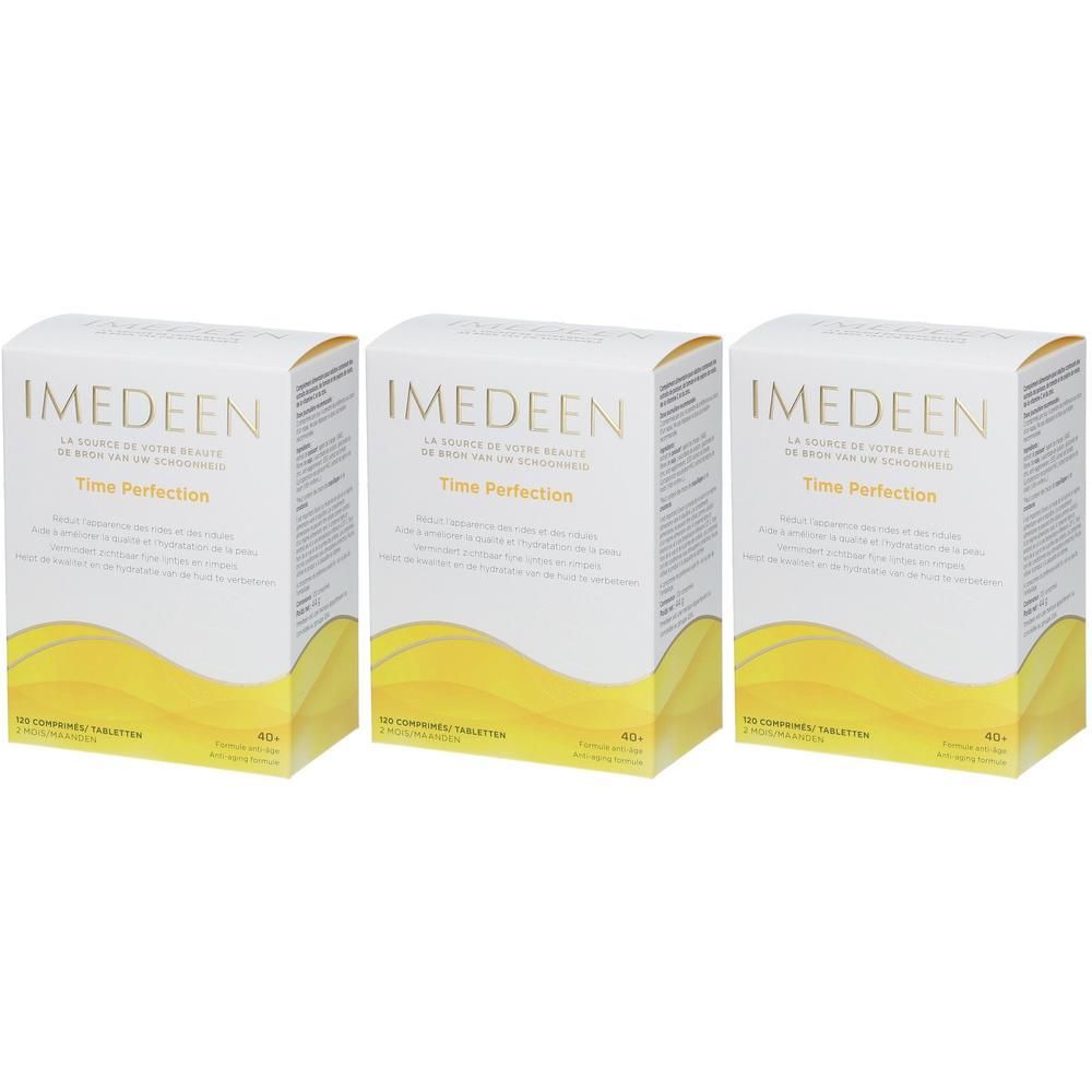 Trois boîtes IMEDEEN Time Perfection. Emballage blanc avec vagues jaunes et texte doré. 40+ sur l'emballage.