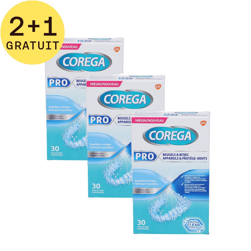 Trois boîtes de Corega Pro, avec l'inscription "2+1 GRATUIT". Chaque boîte contient 30 comprimés.