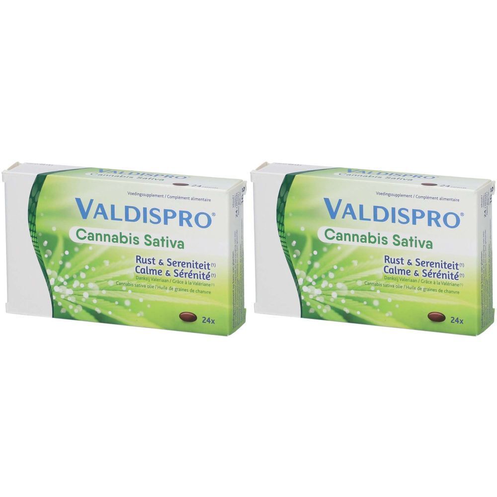 Deux boîtes de Valdispro Cannabis Sativa. Design vert et blanc avec nom et texte du produit. Contient 24 comprimés.