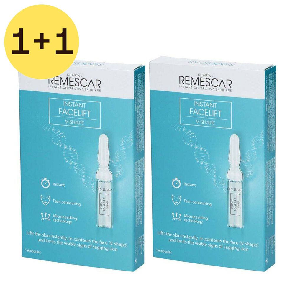 Deux boîtes de Remescar Instant Facelift V-Shape. Ampoules visibles. Autocollant 1+1 GRATUIT.