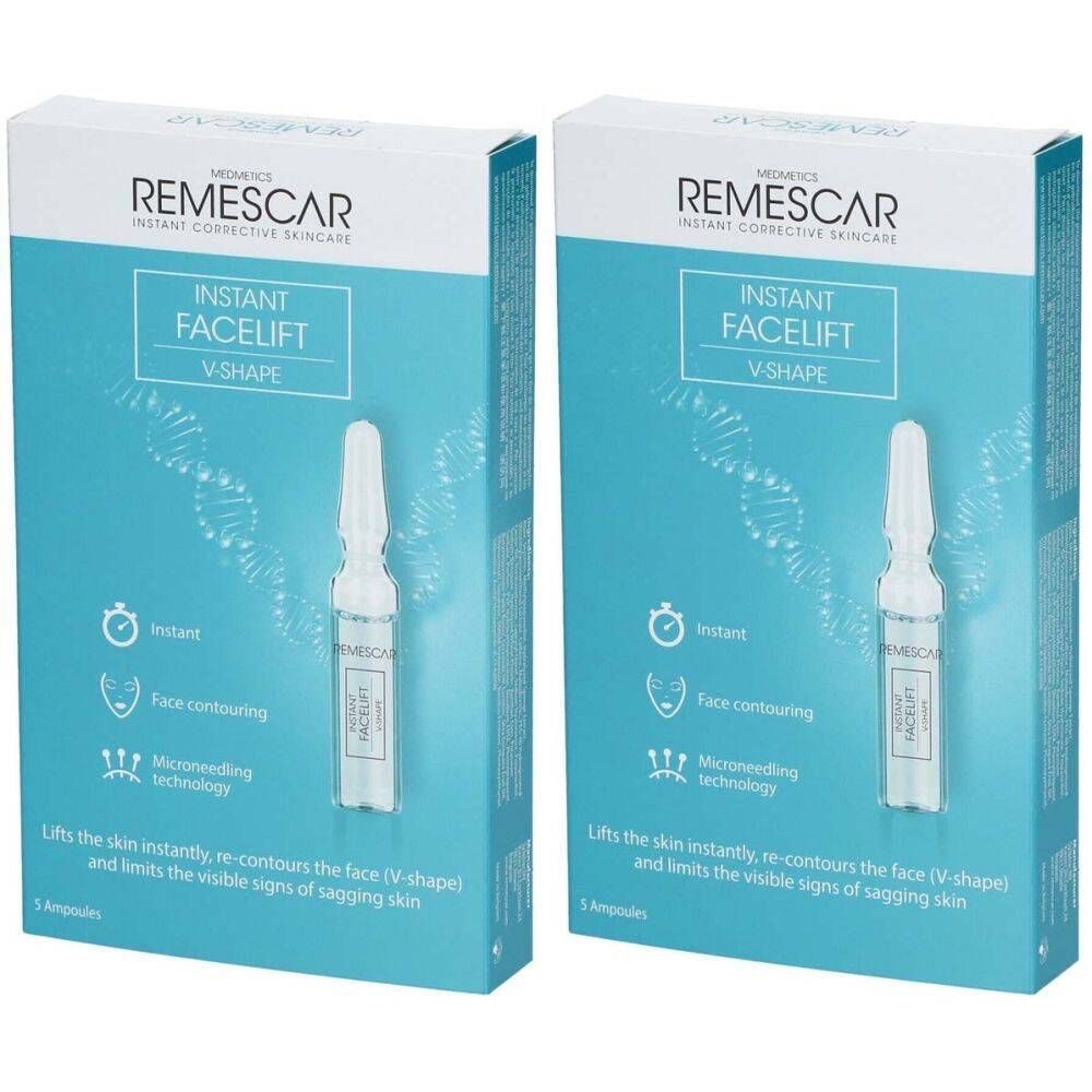 Deux boîtes de Remescar Instant Facelift V-Shape. Ampoules visibles. Image du produit.