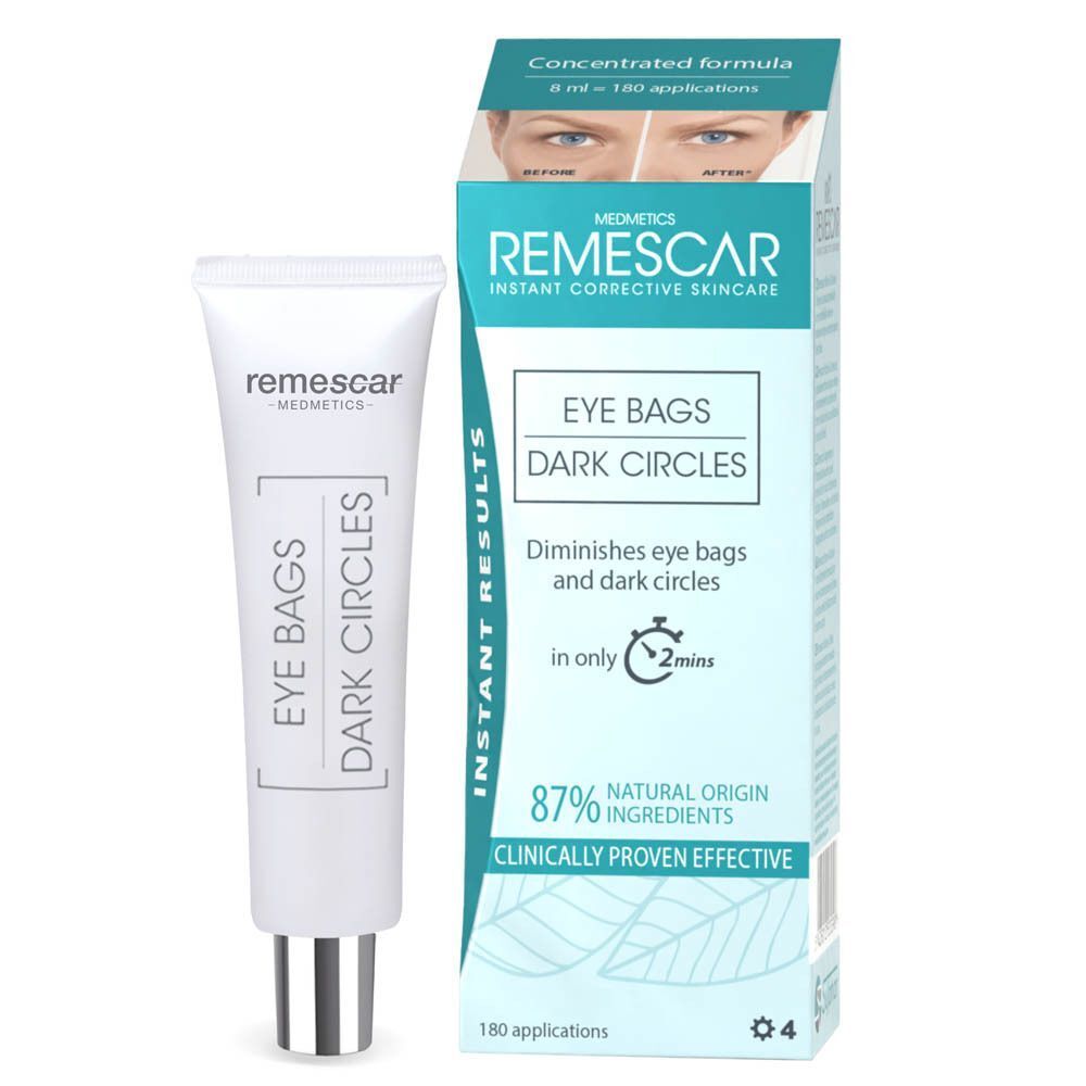 Produit et emballage. Inscription: REMESCAR, EYE BAGS DARK CIRCLES. Boîte avec texte et image des yeux.