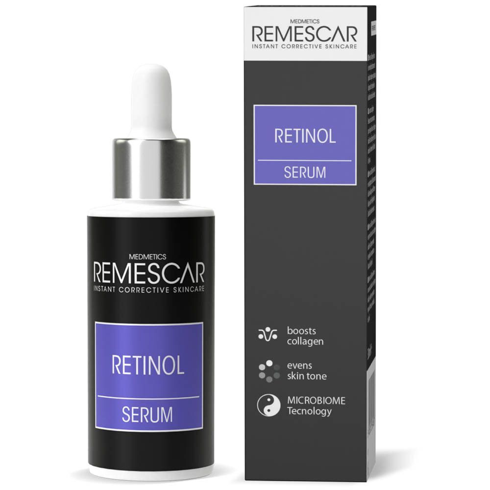 Flacon et boîte de Remescar Retinol Serum. Sur le flacon : Sérum au rétinol.