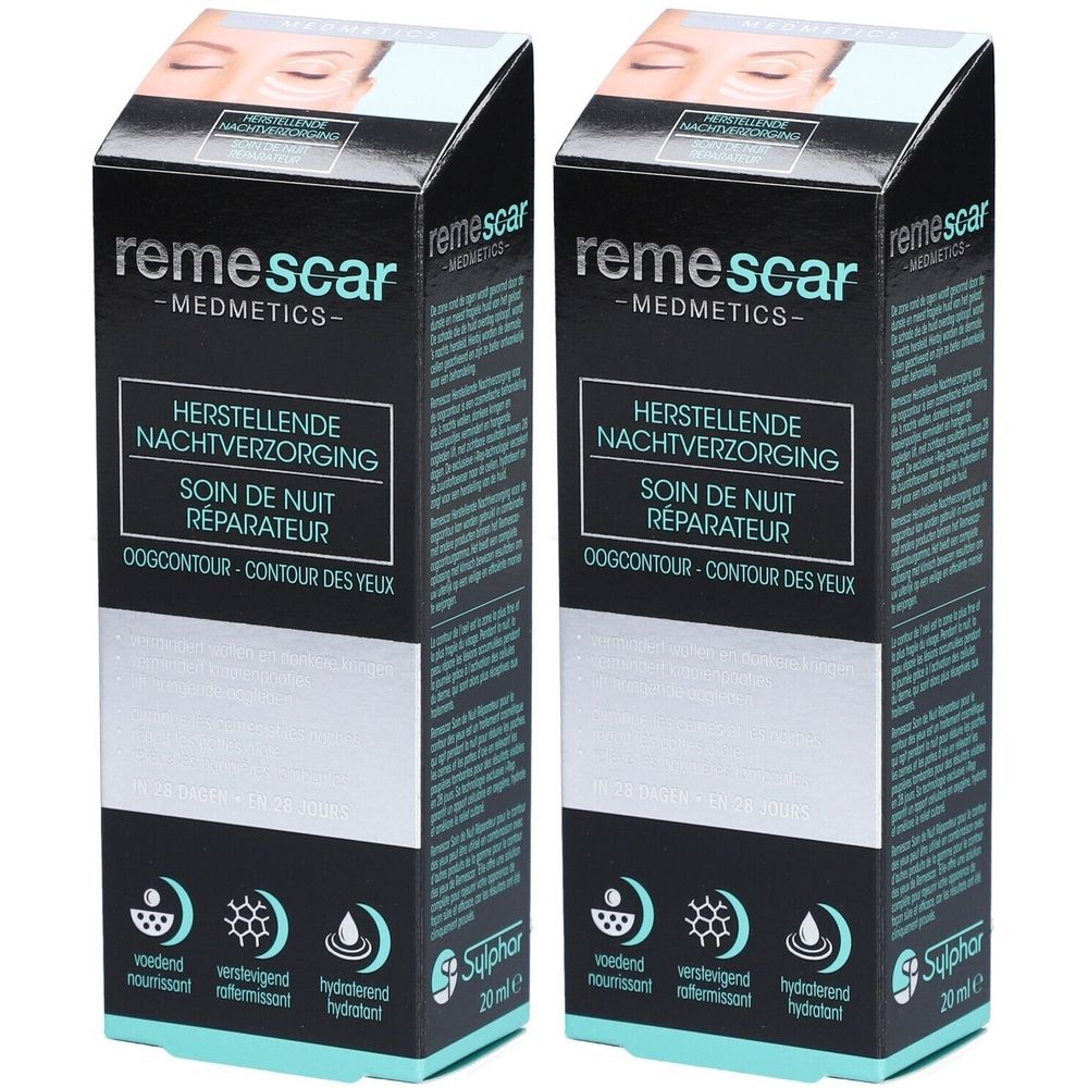 Deux boîtes de Remescar Night Repair. Inscription: Herstellende Nachtverzorging, Soin de nuit réparateur, Oogcontour - Contour des yeux.