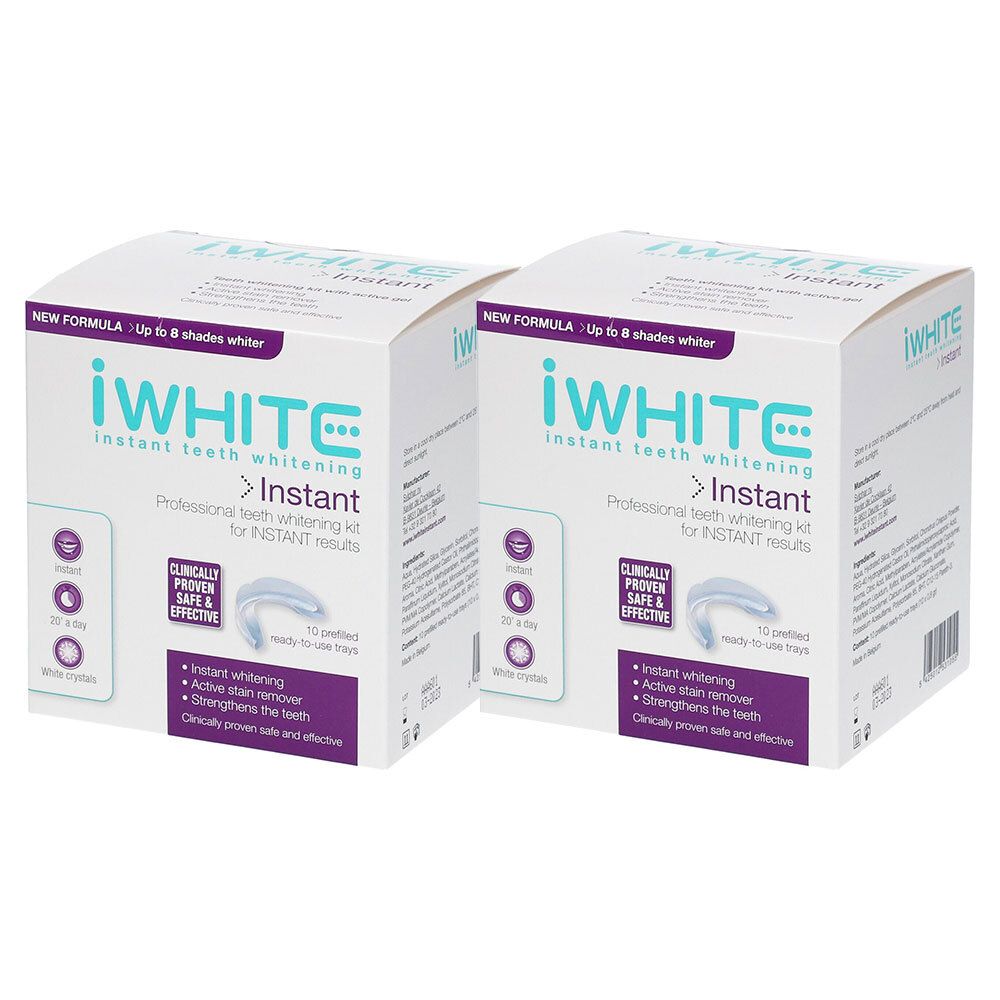 Deux boîtes de kit de blanchiment dentaire iWhite Instant. Inscription : Instant teeth whitening. Cliniquement prouvé, sûr et efficace.
