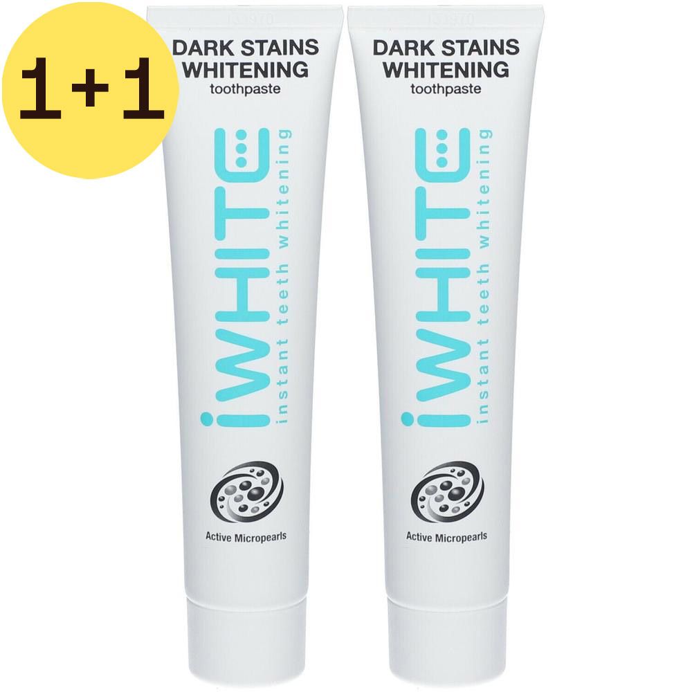 Deux boîtes de dentifrice sur fond blanc. Inscription: iWhite, Dark Stains Whitening, 1+1 GRATUIT.