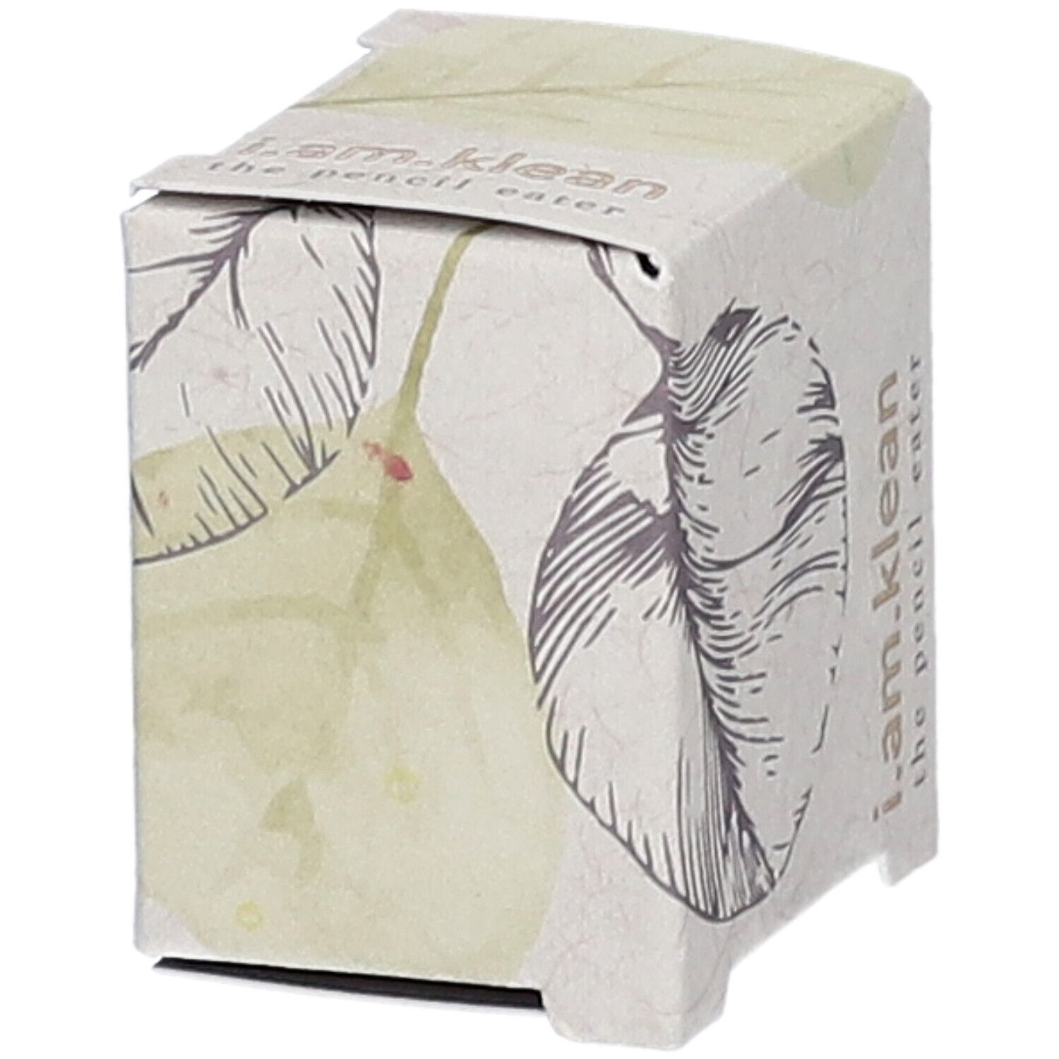 Emballage en carton avec motif de feuille et de fruit. Inscription : i.am.klean the pencil eater. Emballage du produit avec rabat.