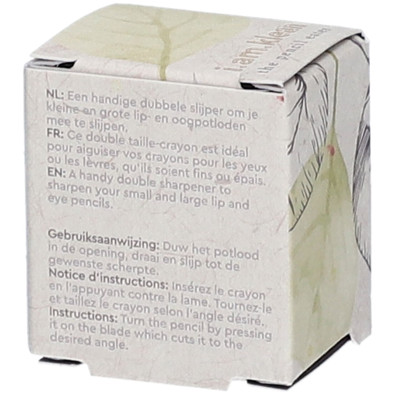 Emballage en carton avec texte en néerlandais, français et anglais. Inscription : i.am.klean the pencil eater. Mode d'emploi.