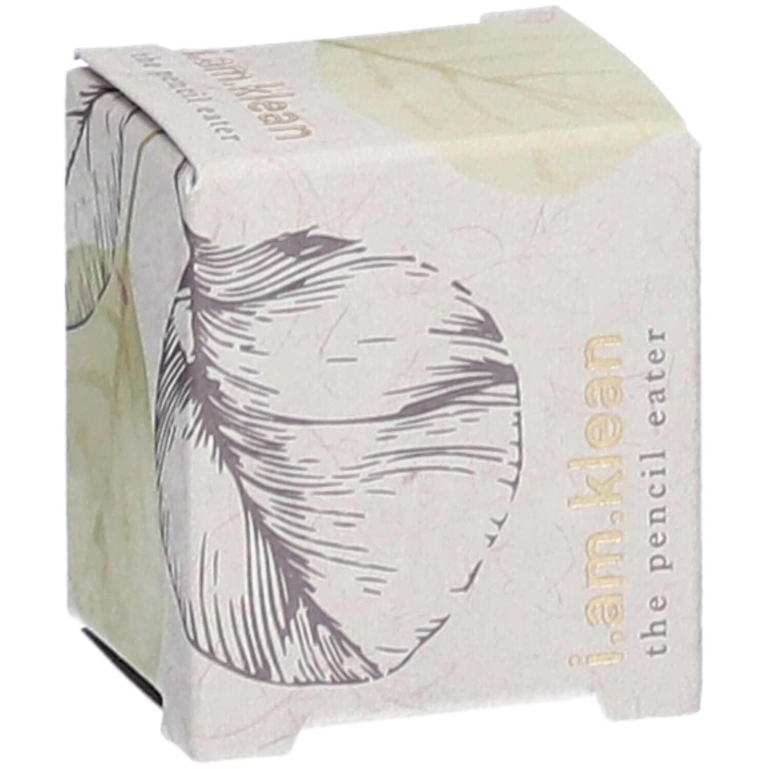 Emballage en carton avec motif de feuille. Inscription : i.am.klean the pencil eater. Emballage du produit avec rabat.